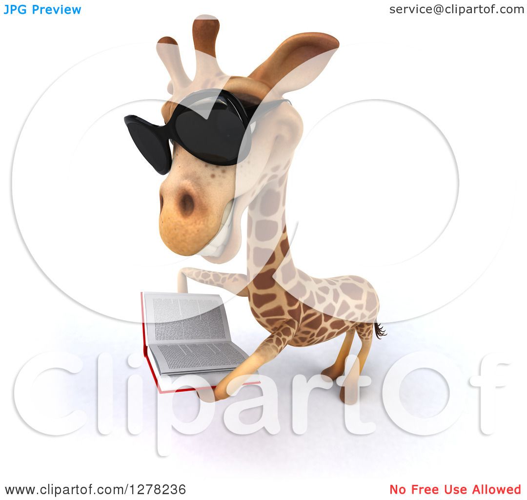 Cool cartoon giraffe wearing sunglasses while reading a book, 3D rendered on white background.