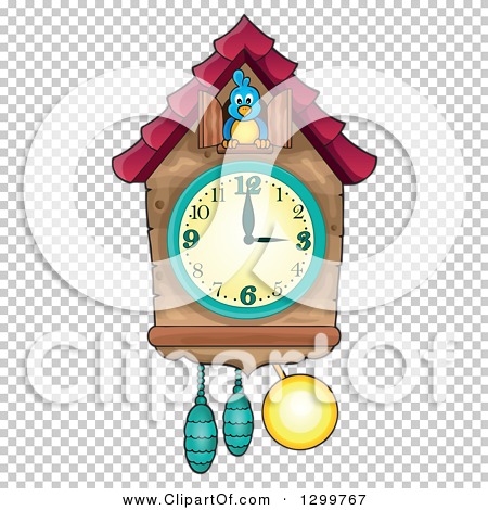 Cartoon-style wooden cuckoo clock with blue bird, green pendulum, and yellow weights on transparent background.