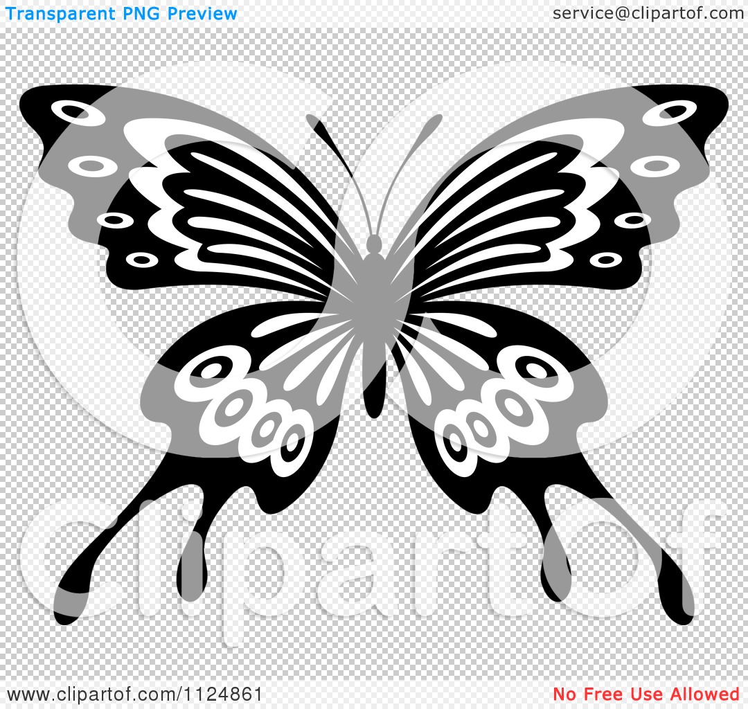 Black and white stylized butterfly clipart with ornate wing patterns and transparent background.