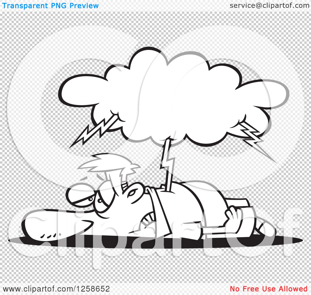 Cartoon man struck by lightning, lying dazed on ground under storm cloud with bolts.