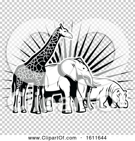 Black-and-white stylized illustration of a giraffe, elephant, and hippopotamus standing together against a radiant sunburst background.