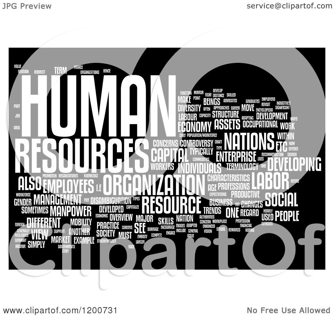 Black-and-white word cloud centered on "Human Resources" with related terms like organization, employees, labor, and development.