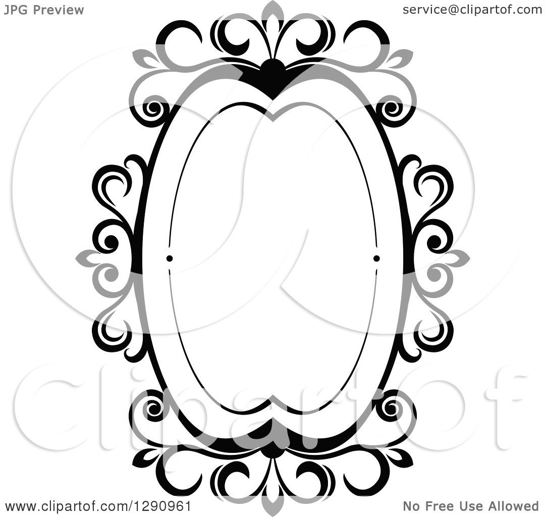 Elegant black-and-white ornate oval frame with Baroque-style scrollwork and flourishes.