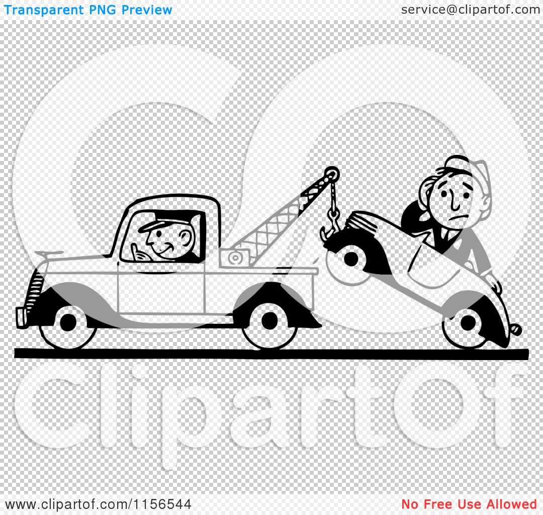 Black-and-white cartoon of a tow truck driver smiling while towing a distressed man in a broken-down car.