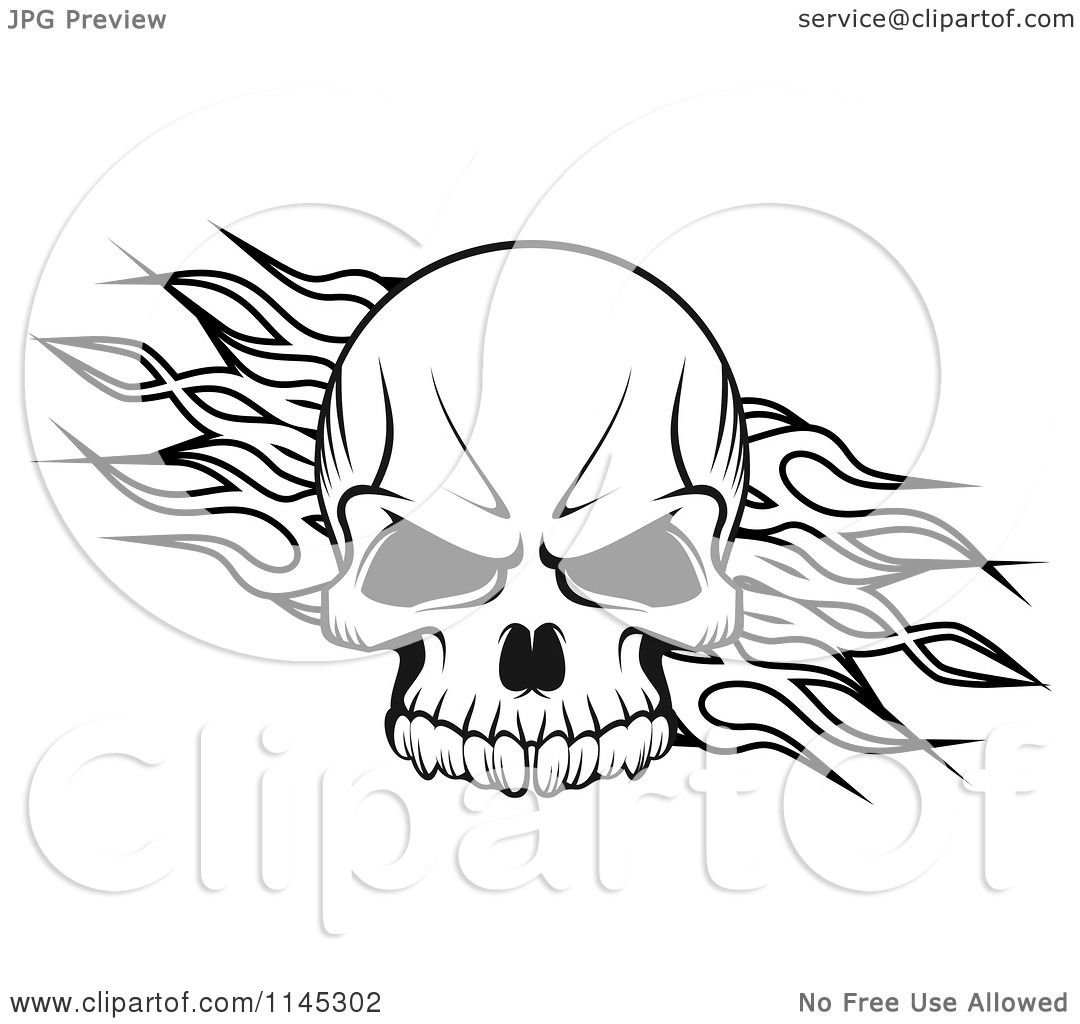Black-and-white stylized skull with flowing flame-like wings, bold linework and shaded eye sockets.