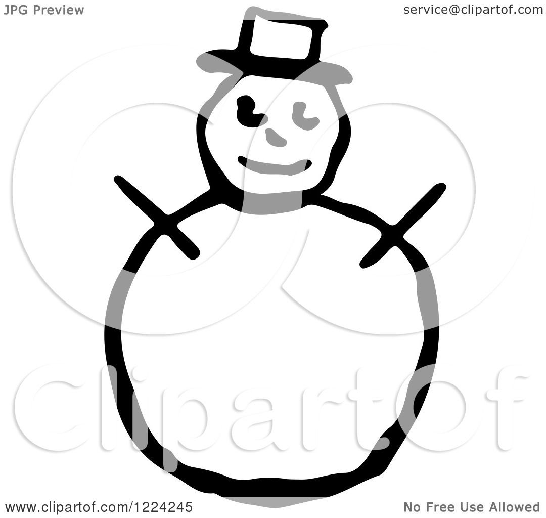Simple black-and-white cartoon snowman wearing a top hat with stick arms and smiling face.