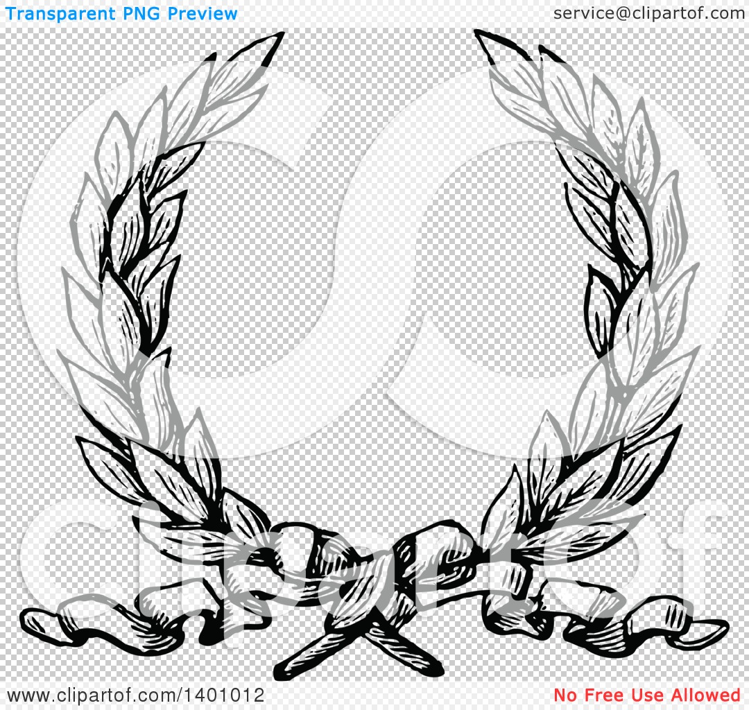 Black-and-white laurel wreath with ribbon bow, vintage engraved style on transparent background.