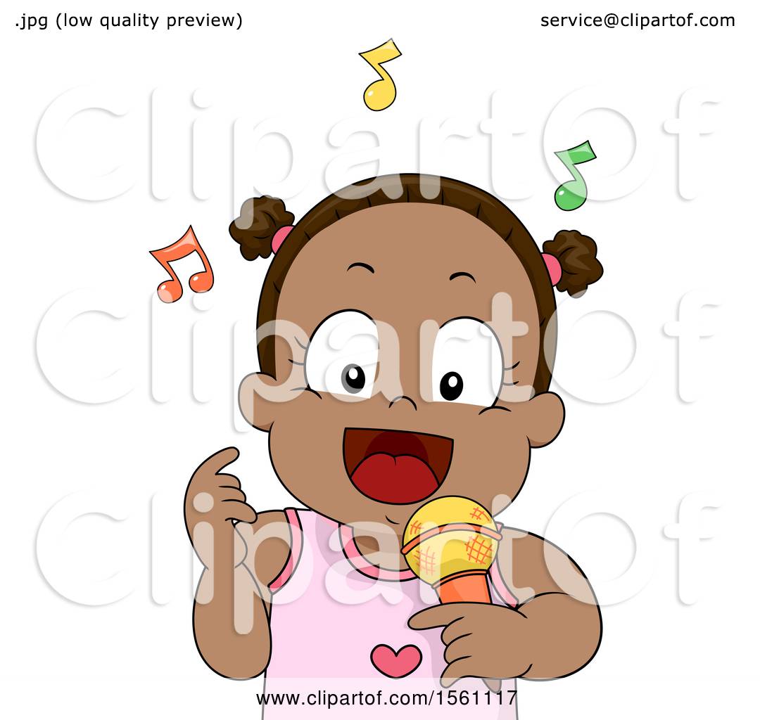 Happy cartoon girl with pigtails singing into a yellow microphone, colorful music notes floating around her.