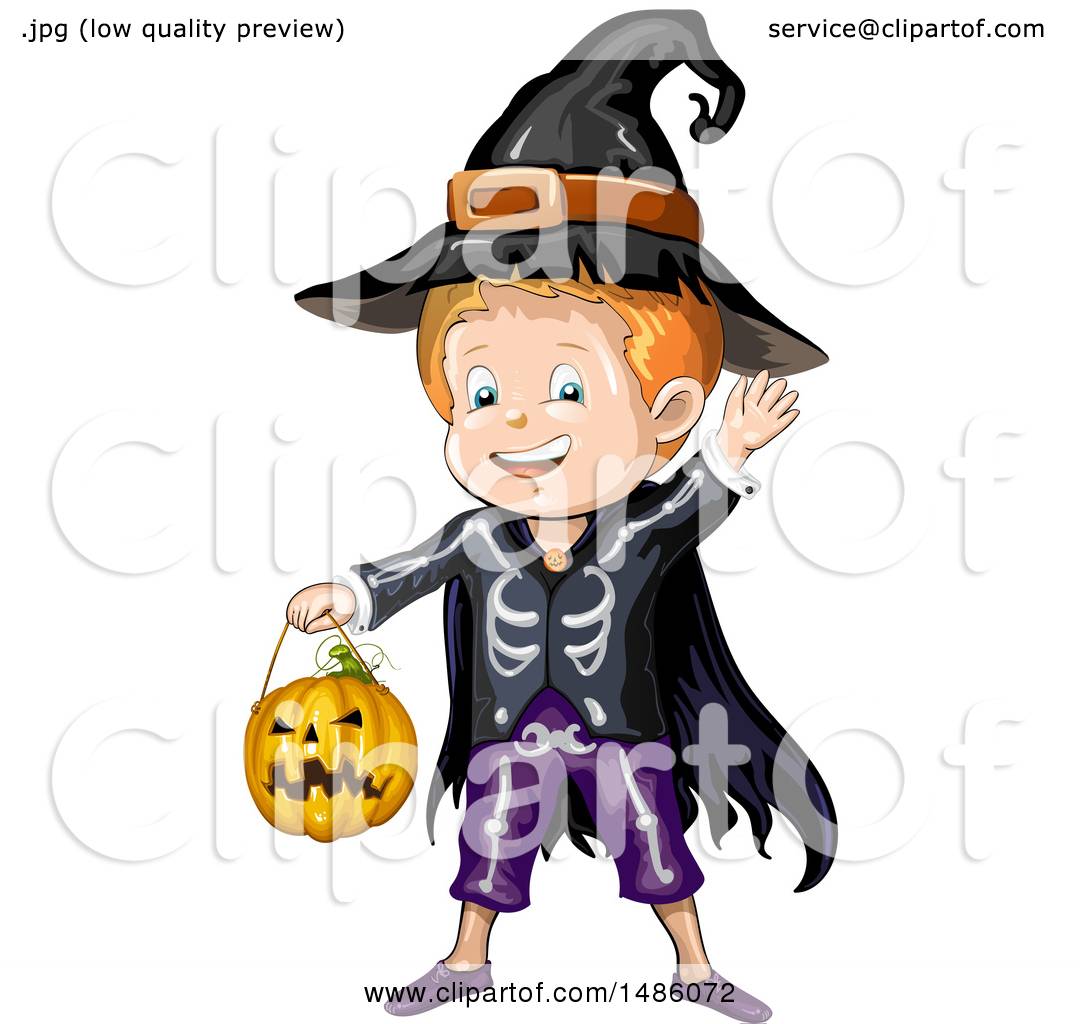 Happy boy in witch and skeleton costume waving while holding a jack-o'-lantern trick-or-treat bucket.