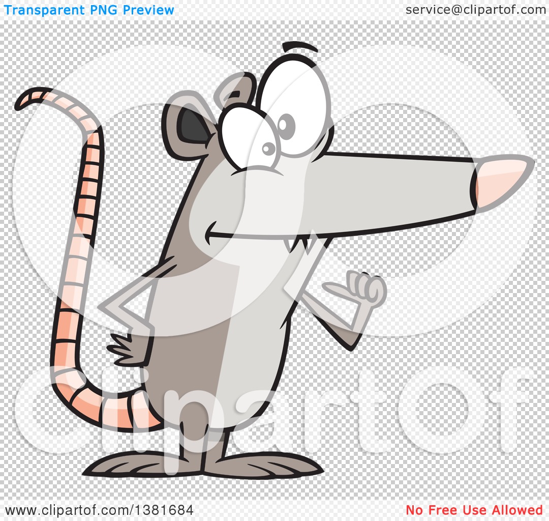 Cartoon rat with striped tail pointing confidently, wide-eyed and smiling.