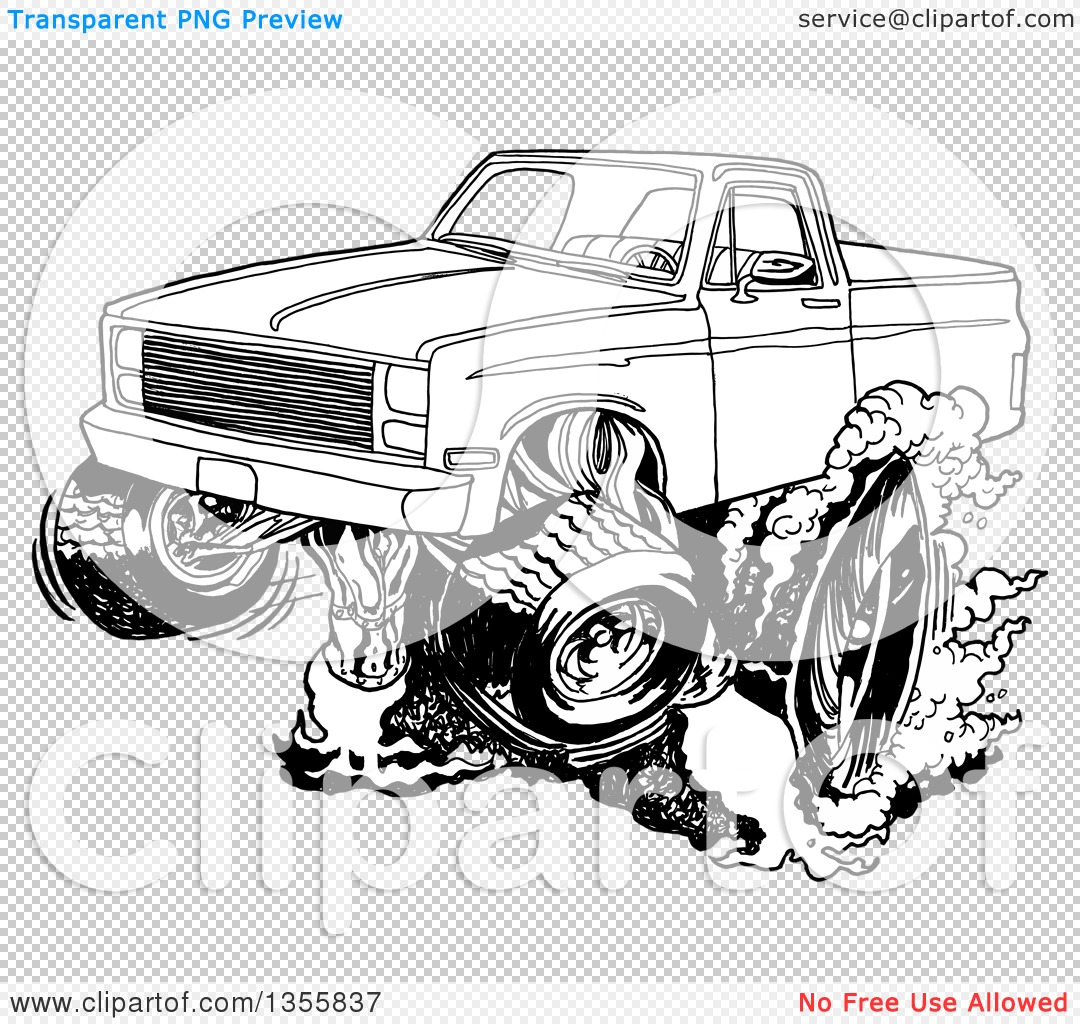 Black-and-white line art of a classic pickup truck doing a burnout with smoke and tire skid marks.