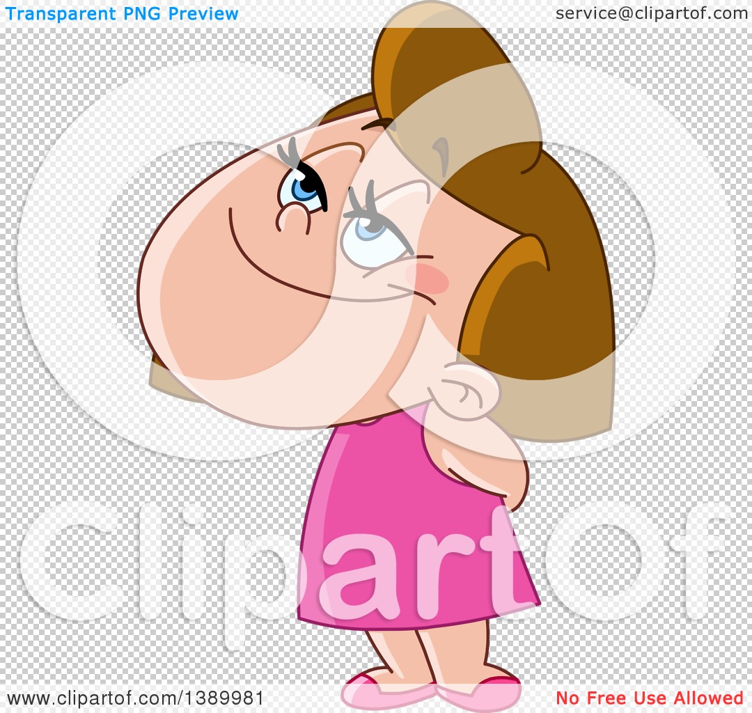 Cartoon girl with brown hair in a pink dress, smiling and looking upward thoughtfully.