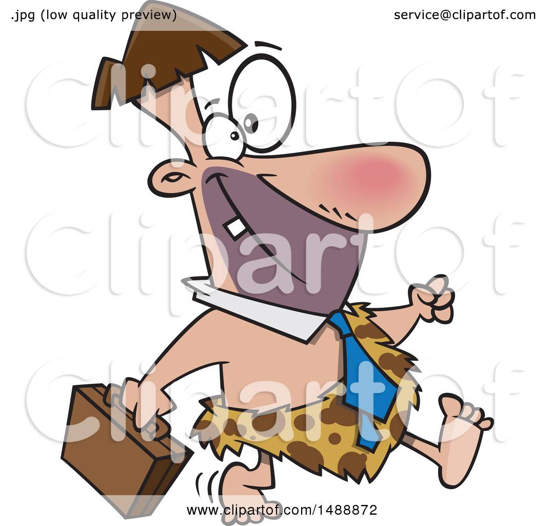 Cartoon caveman in business attire running with briefcase, blending prehistoric and modern office themes.