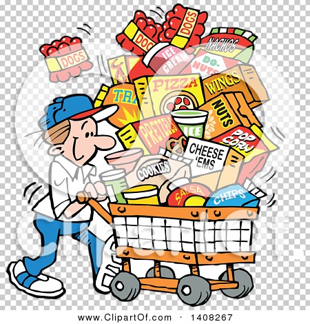 Cartoon man pushing a shopping cart overflowing with snacks like chips, pizza, cheese puffs, and candy.