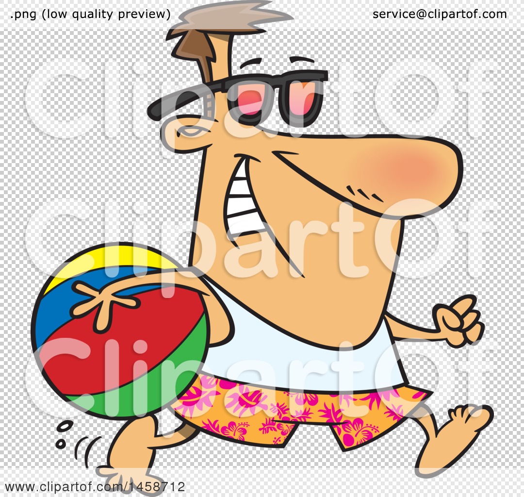 Cartoon man in sunglasses and swim trunks running with a colorful beach ball.