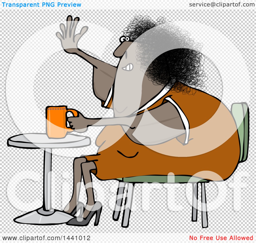 Cartoon woman with curly hair waving while holding coffee mug at a café table.