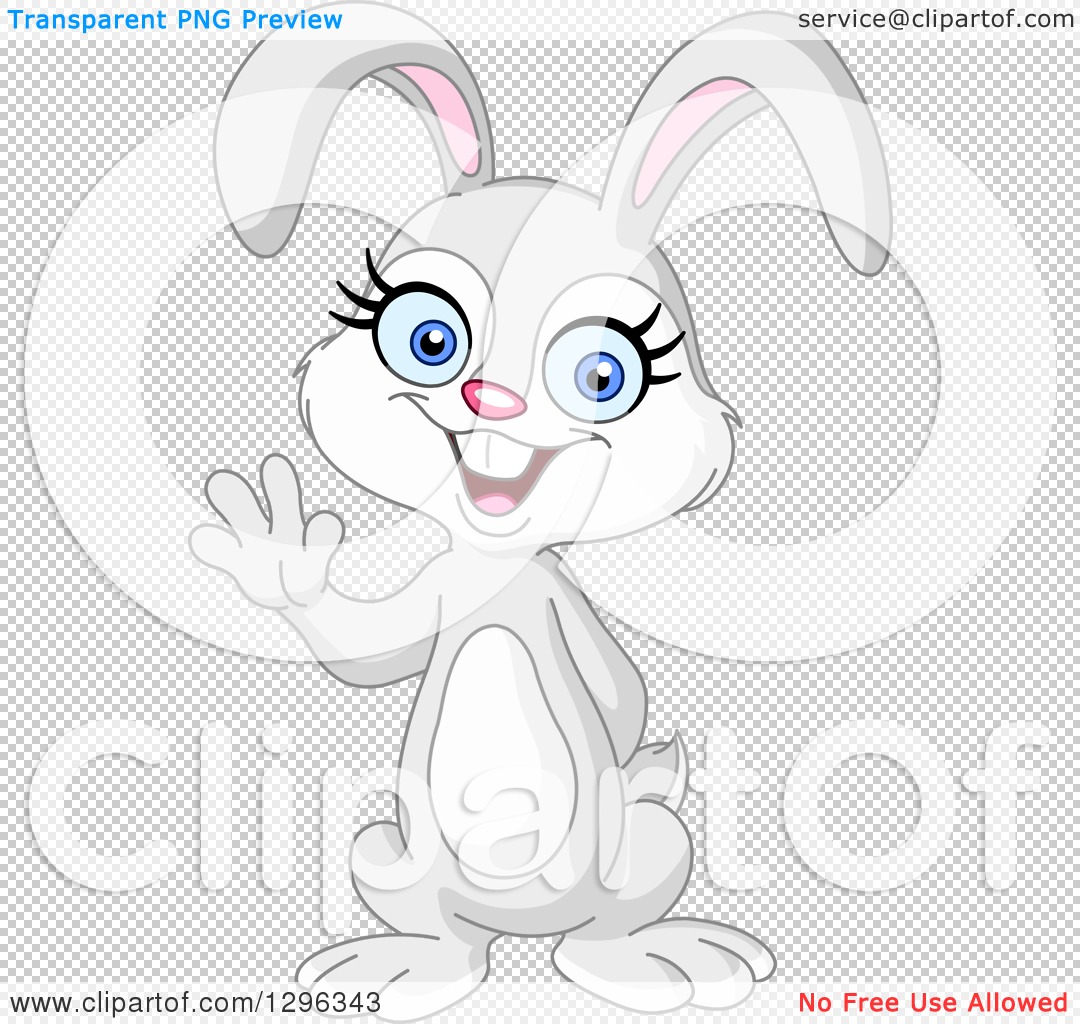 Cheerful cartoon white bunny with blue eyes waving hello, transparent PNG clipart.