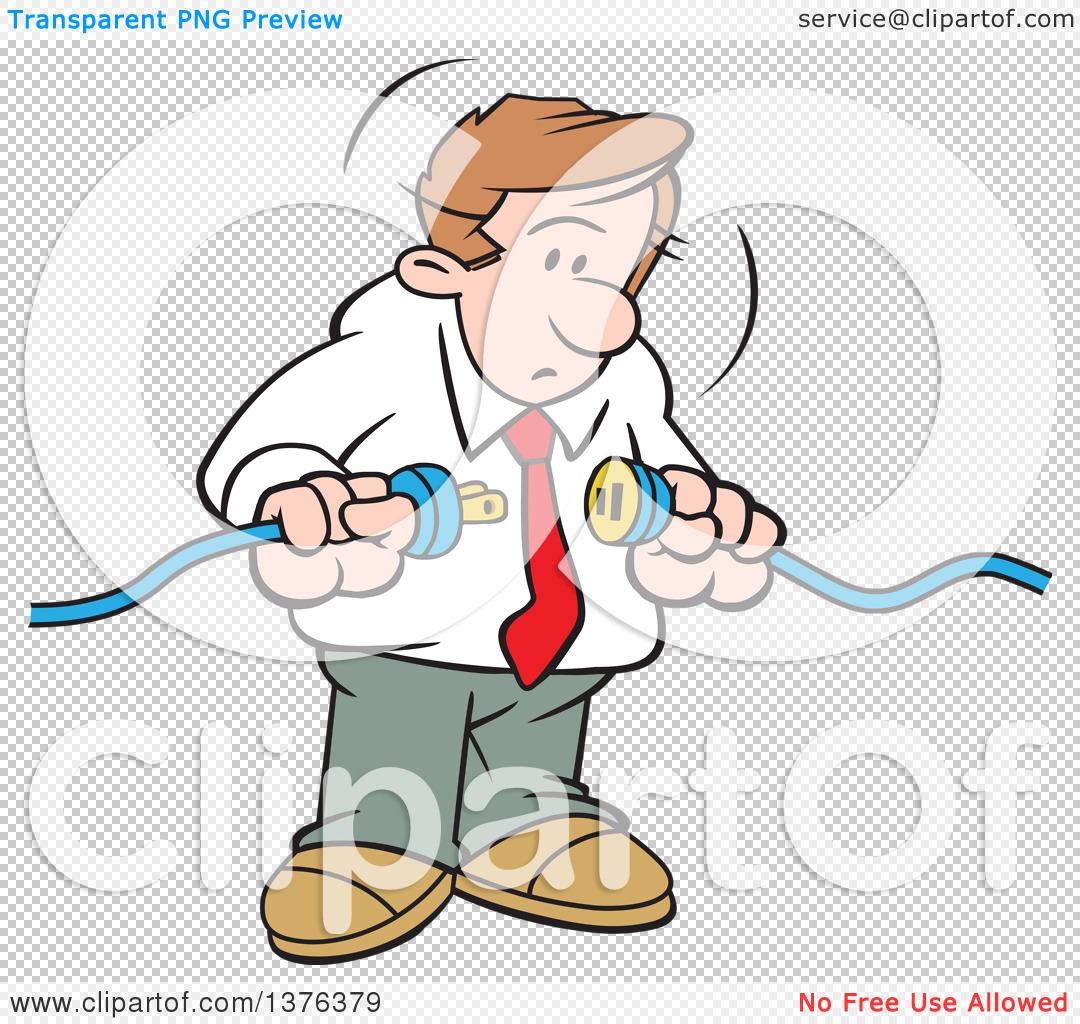 Cartoon man in shirt and tie struggling to connect two mismatched electrical plugs with a confused expression.