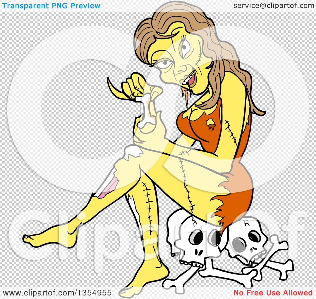 Cartoon zombie woman with stitches, yellow skin, and torn clothes sitting on skulls and bones.