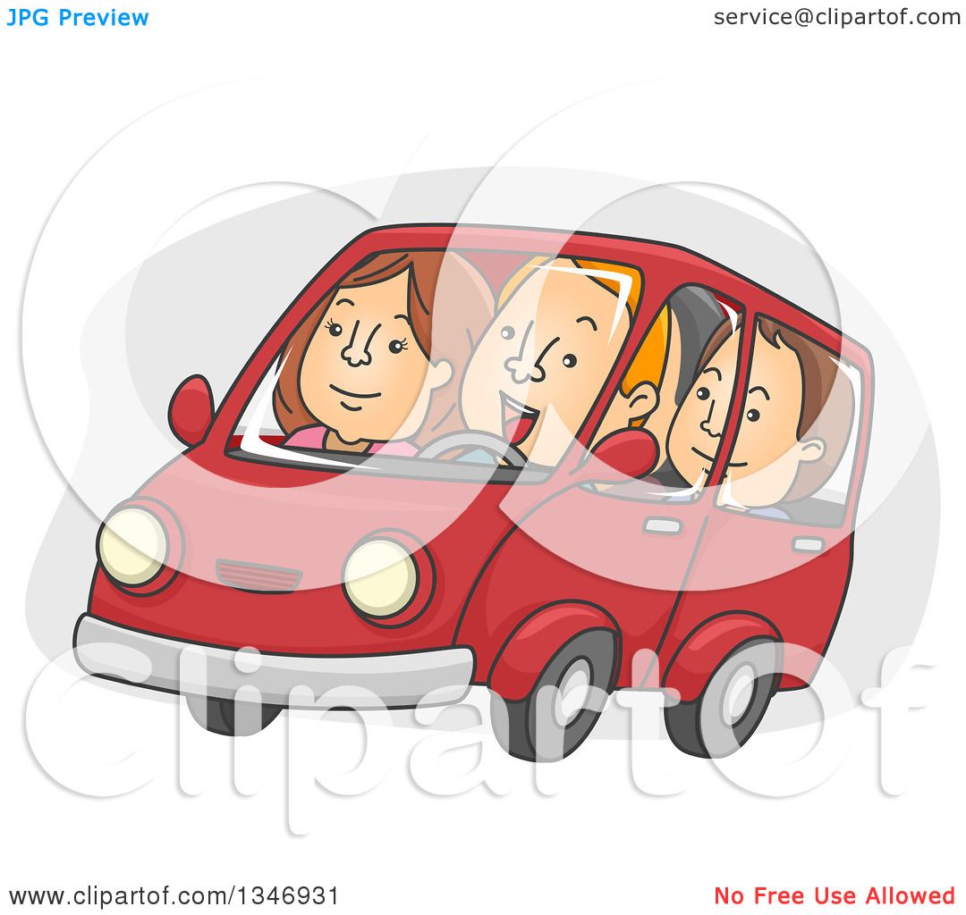 Happy Family Driving in Red Car - Cartoon Illustration