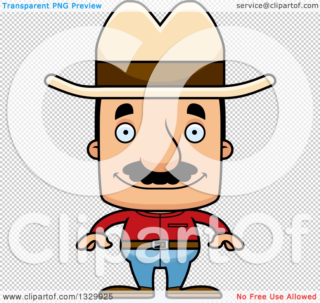 Cartoon cowboy with mustache, beige hat, red shirt, and blue jeans smiling confidently.