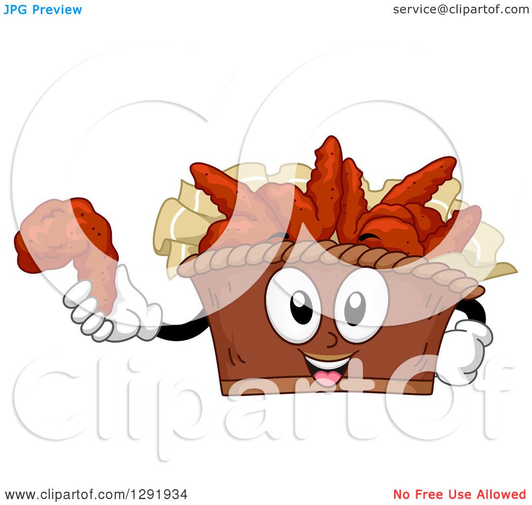 Cartoon chicken wing basket mascot holding a wing, smiling with big eyes and white gloves.