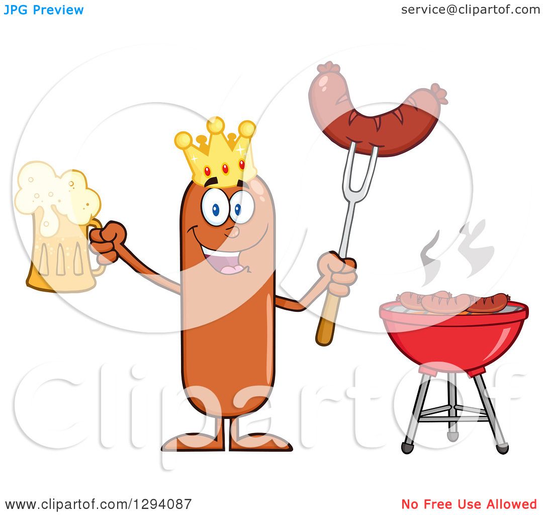 Fun Hot Dog Cartoon Mascot with Beer and Grill - Clipart for BBQ Themes