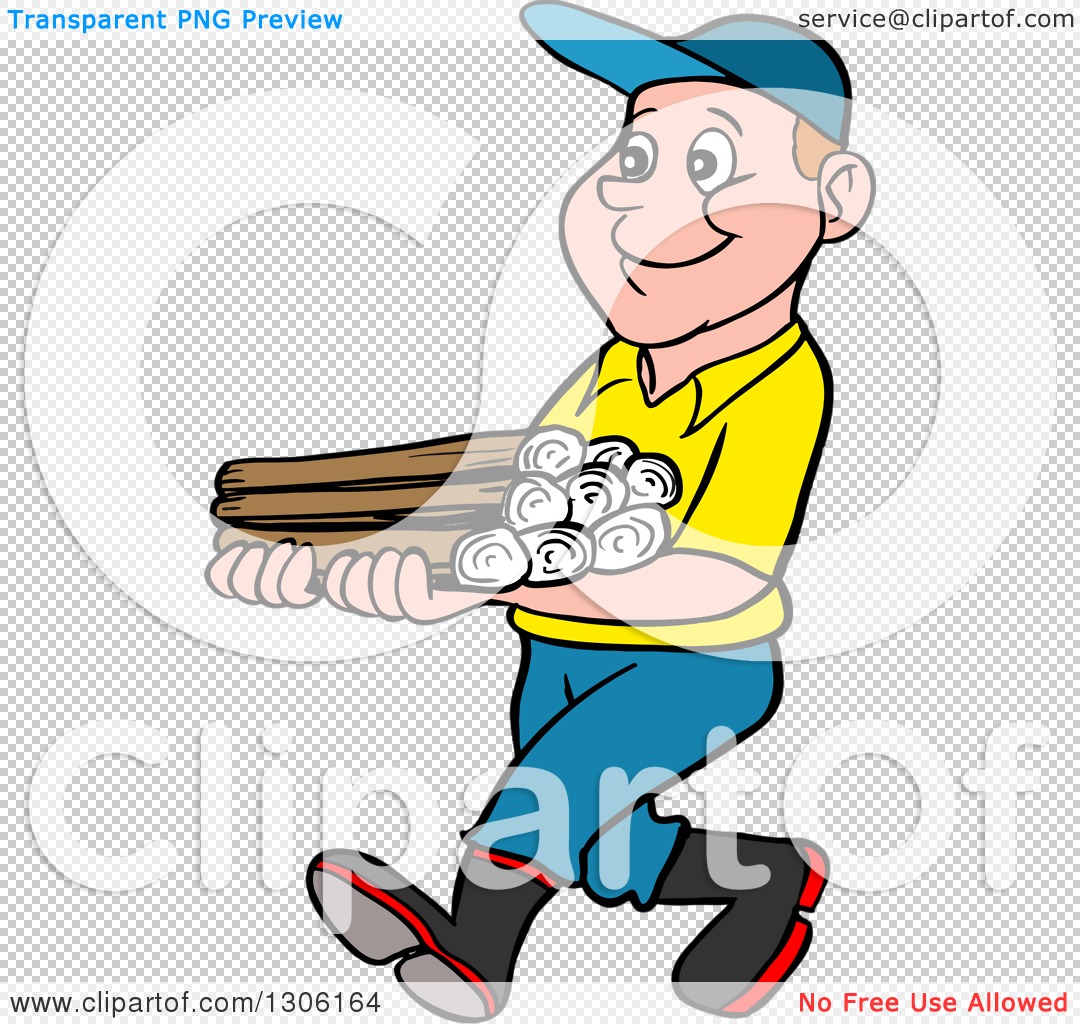 Cartoon delivery worker in yellow shirt and blue cap carrying rolled documents and wooden plank.
