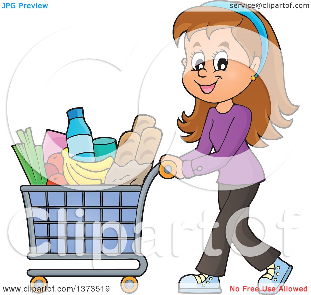 Grocery Shopping Clipart - Happy Woman with Full Cart