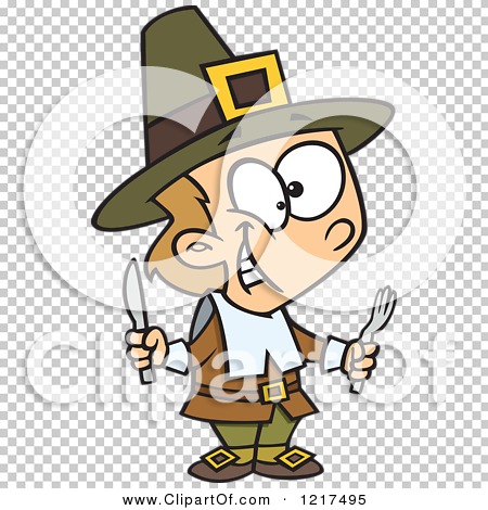 Cartoon pilgrim boy in brown hat and outfit holding knife and fork, smiling eagerly.