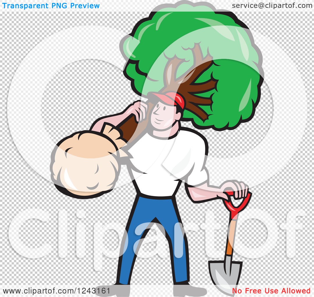 Cartoon gardener carrying a small tree sapling over his shoulder while holding a shovel.