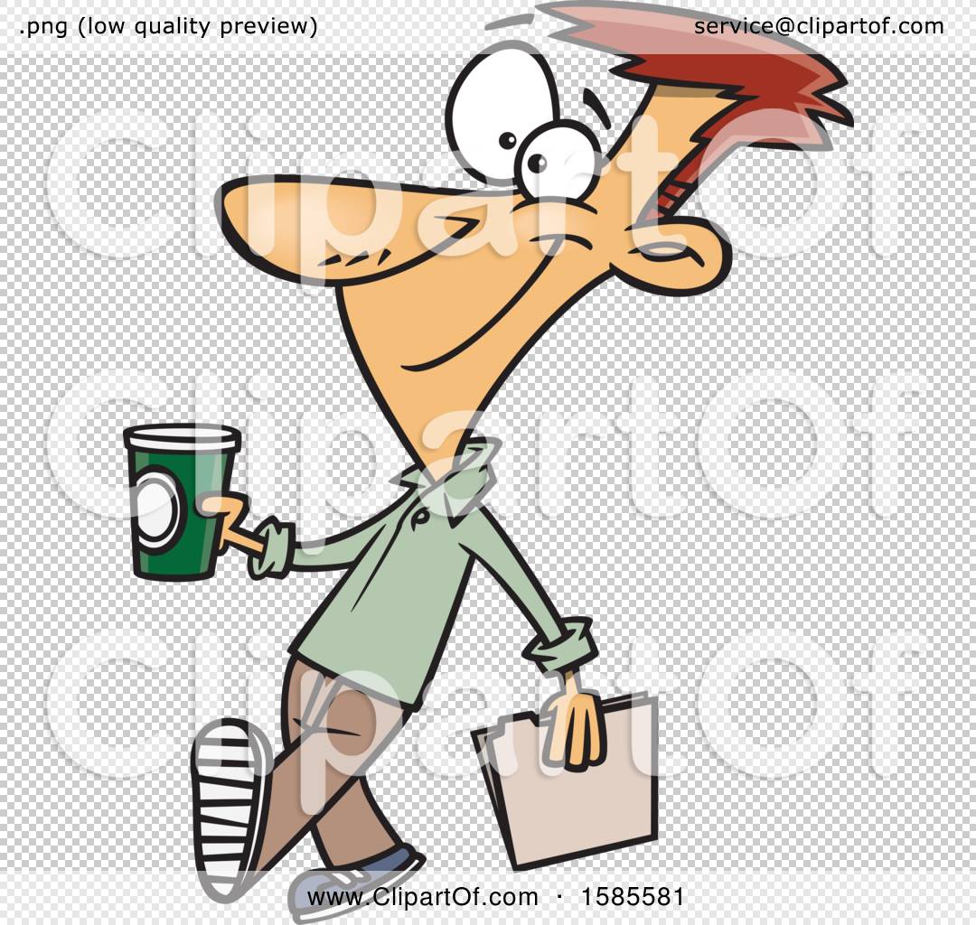 Cartoon man with spiky red hair walking while holding a green coffee cup and a shopping bag, smiling confidently.