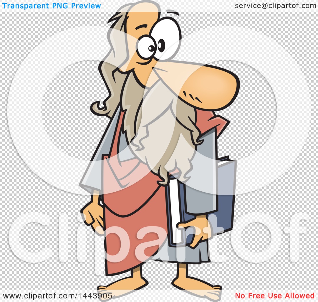 Cartoon wise old man with long beard, robes, and books, smiling while holding scrolls and a tablet.
