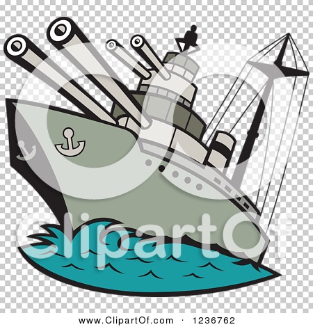Stylized cartoon battleship with large cannons, anchor emblem, and wake on teal water against transparent background.