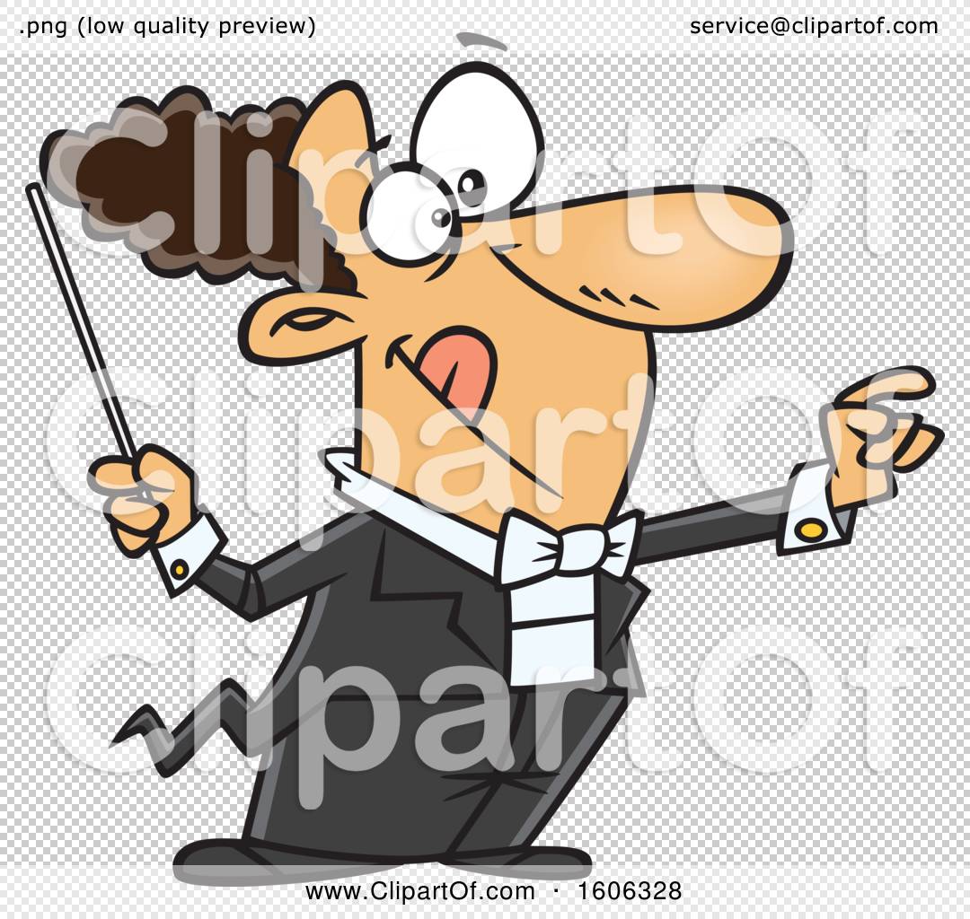 Cartoon conductor in tuxedo energetically directing with baton, wide eyes and expressive gesture.
