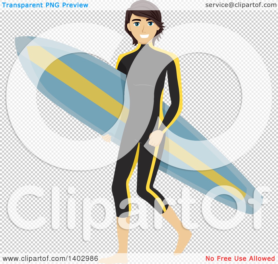 Smiling surfer in gray and black wetsuit carrying a blue-and-yellow surfboard on transparent background.
