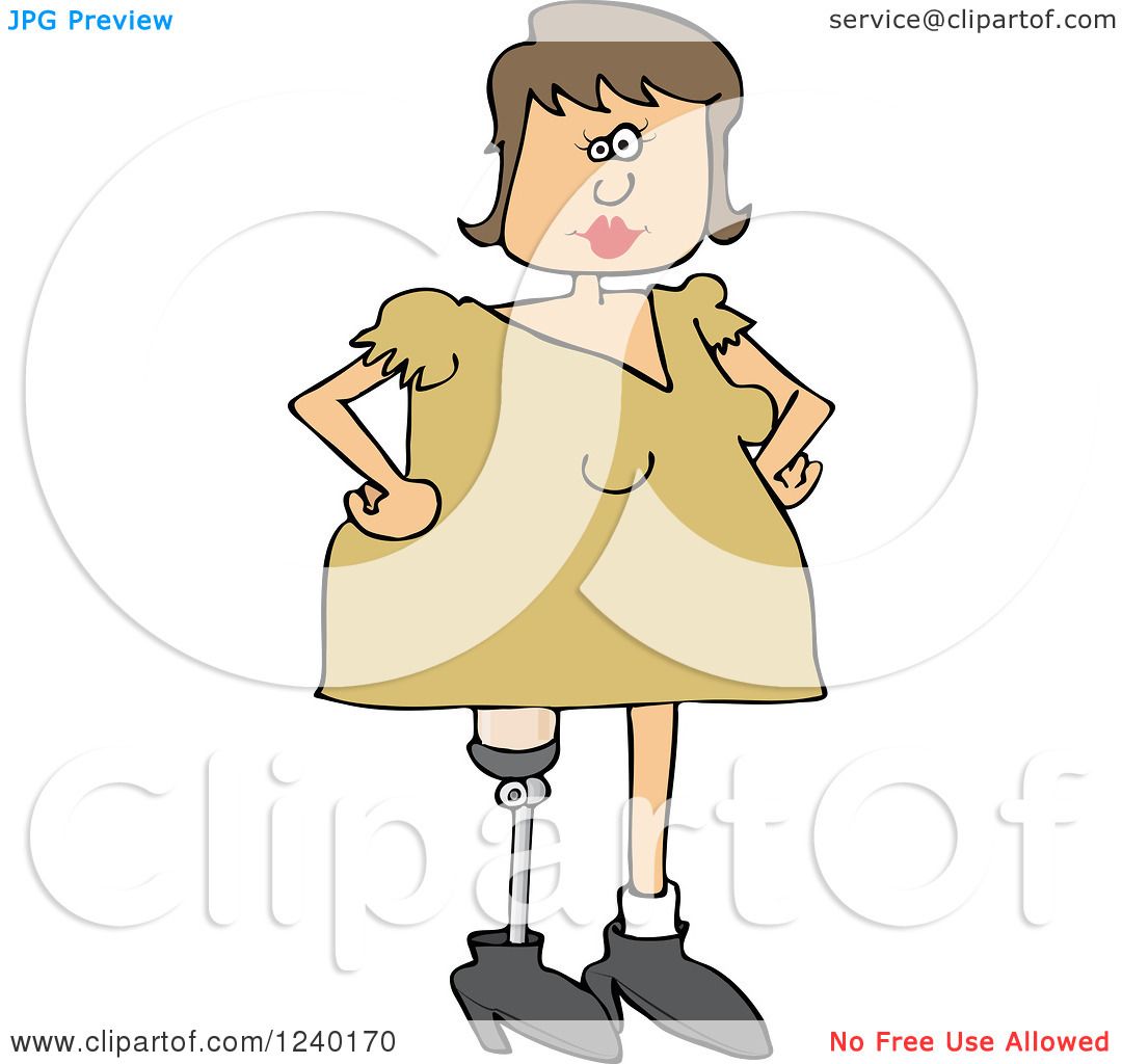 Confident cartoon woman with brown hair, tan dress, and prosthetic left leg, hands on hips.