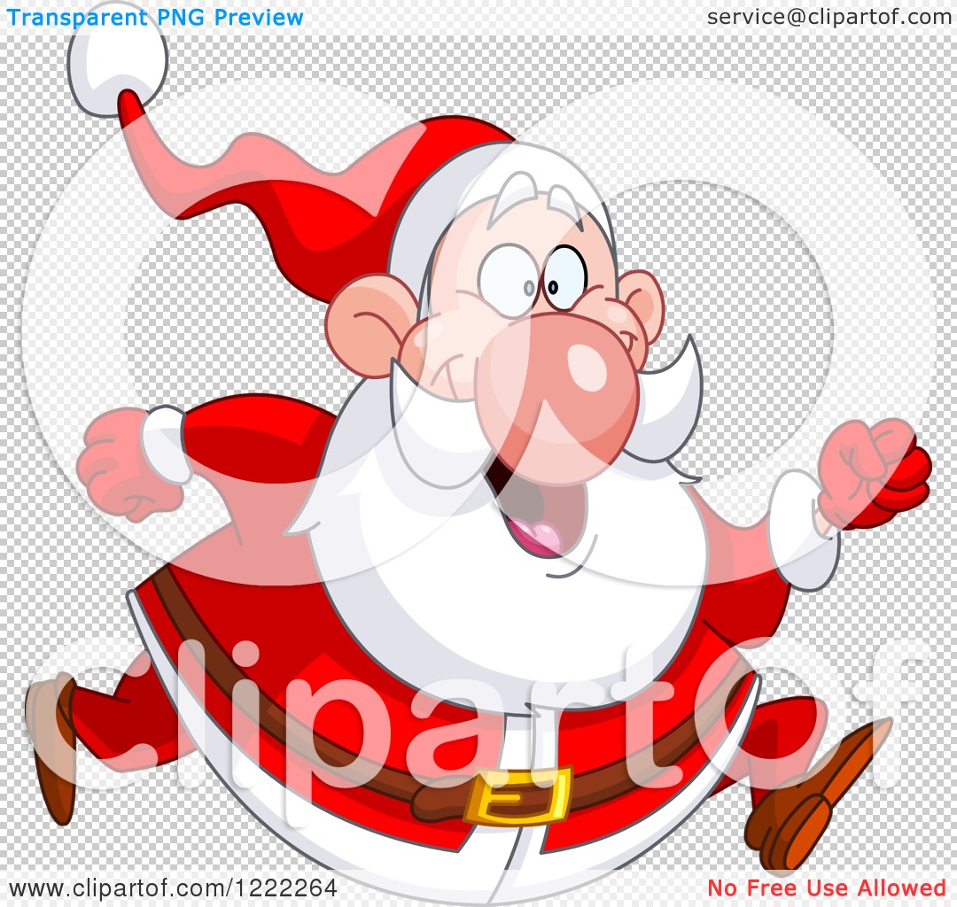 Cartoon Santa Claus running joyfully with wide eyes and open mouth, wearing classic red suit and hat.