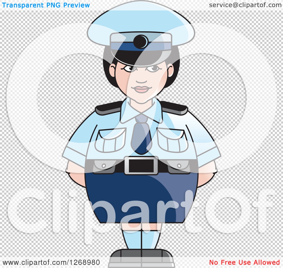 Cartoon female police officer in light blue uniform with cap, standing confidently with hands on hips.