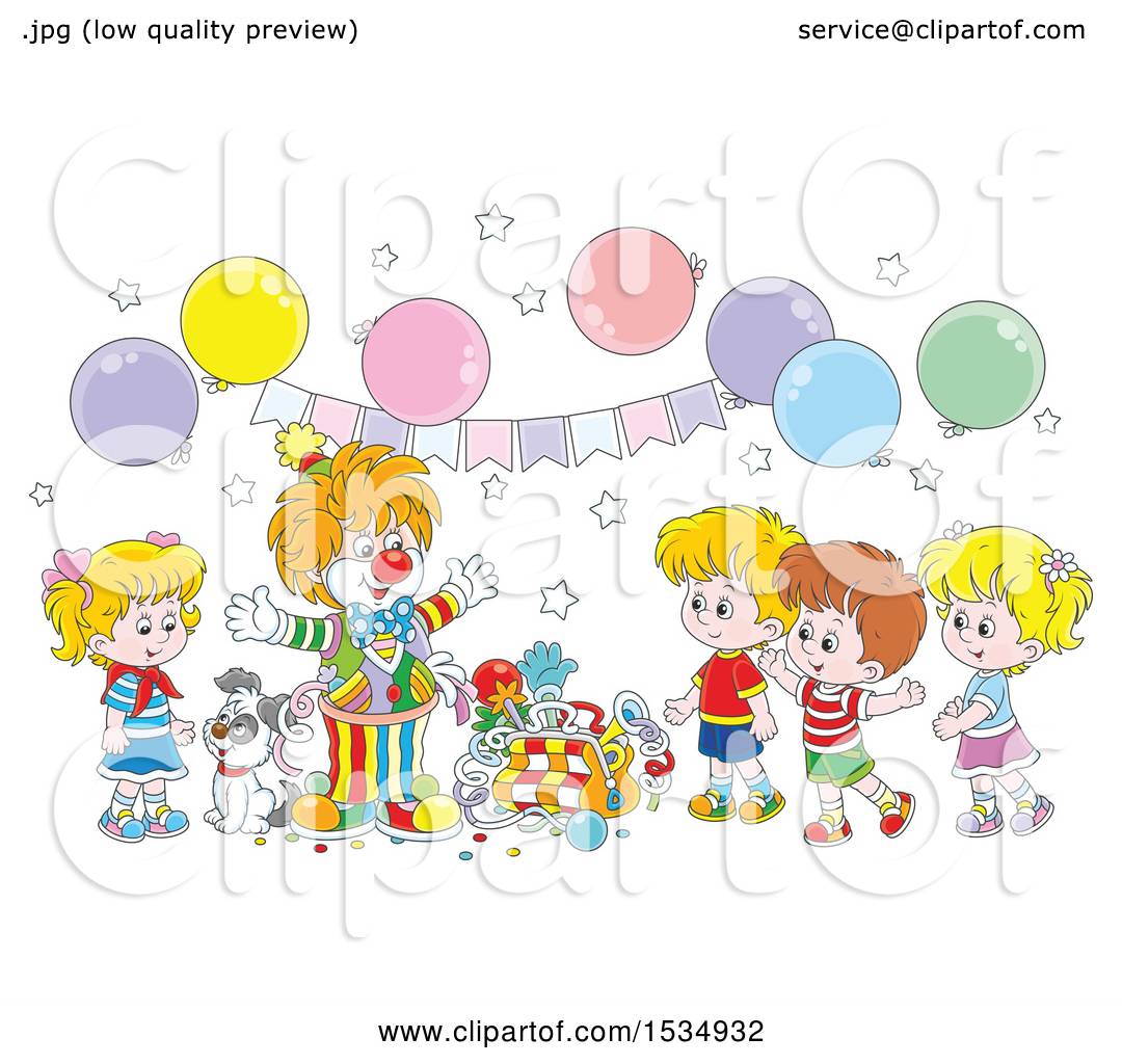 Cheerful clown entertaining four happy children and a dog at a colorful birthday party with balloons and bunting.