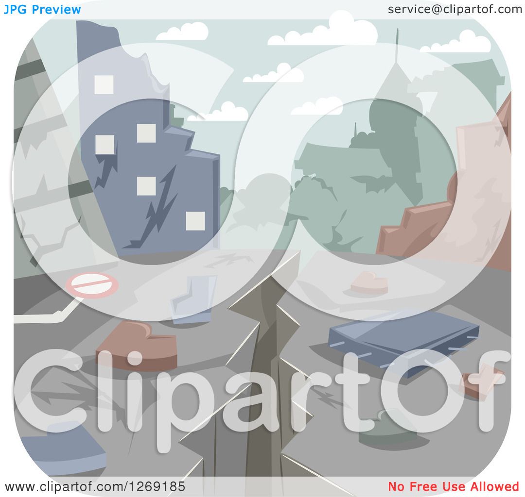 Cartoon-style illustration of a cracked cityscape with damaged buildings, debris, and warning signs under a cloudy sky.
