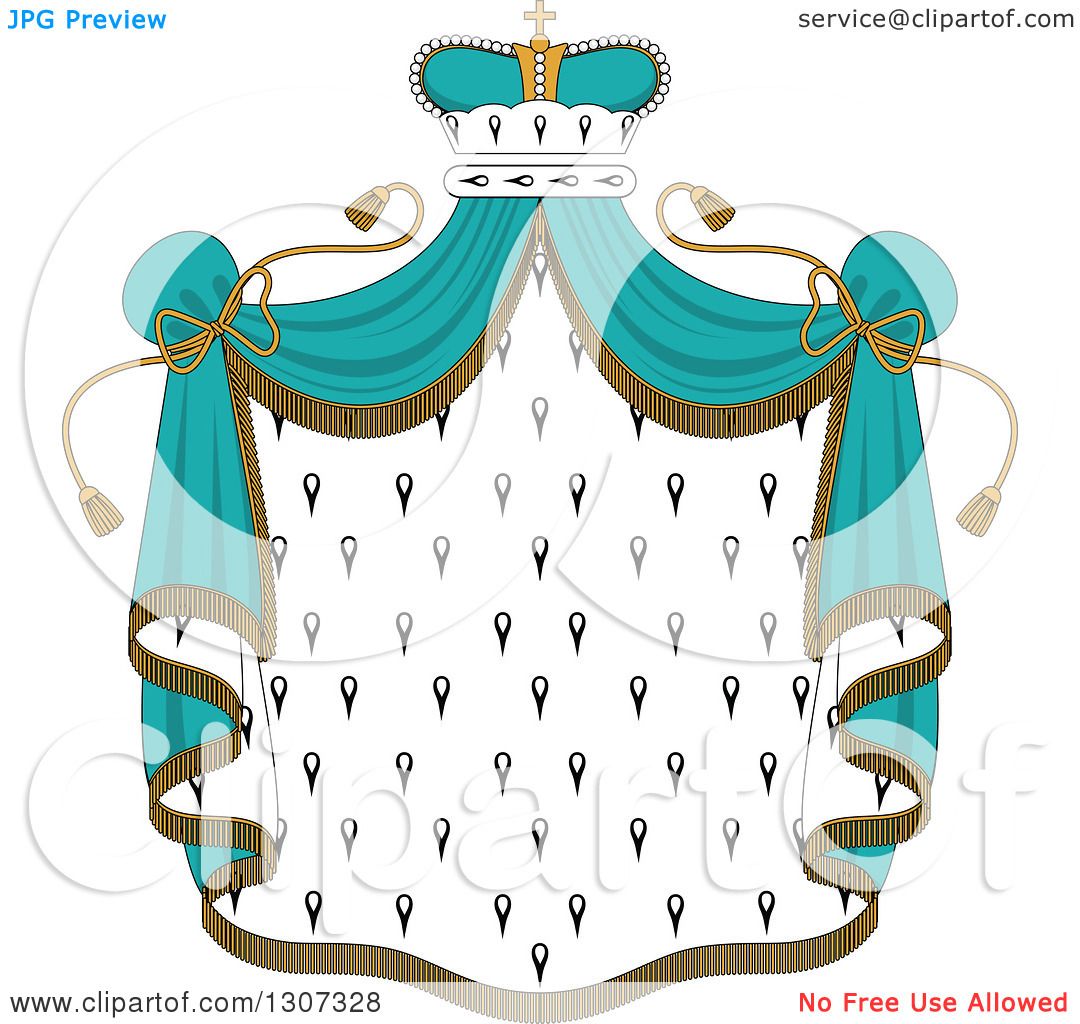 Royal heraldic mantle with teal drapery, gold fringe, and crown over a field of black fleurs-de-lis on white.