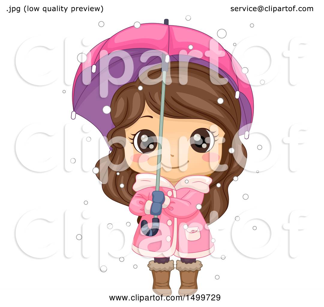 Cute cartoon girl in pink coat and boots holding a pink and purple umbrella in falling snow.