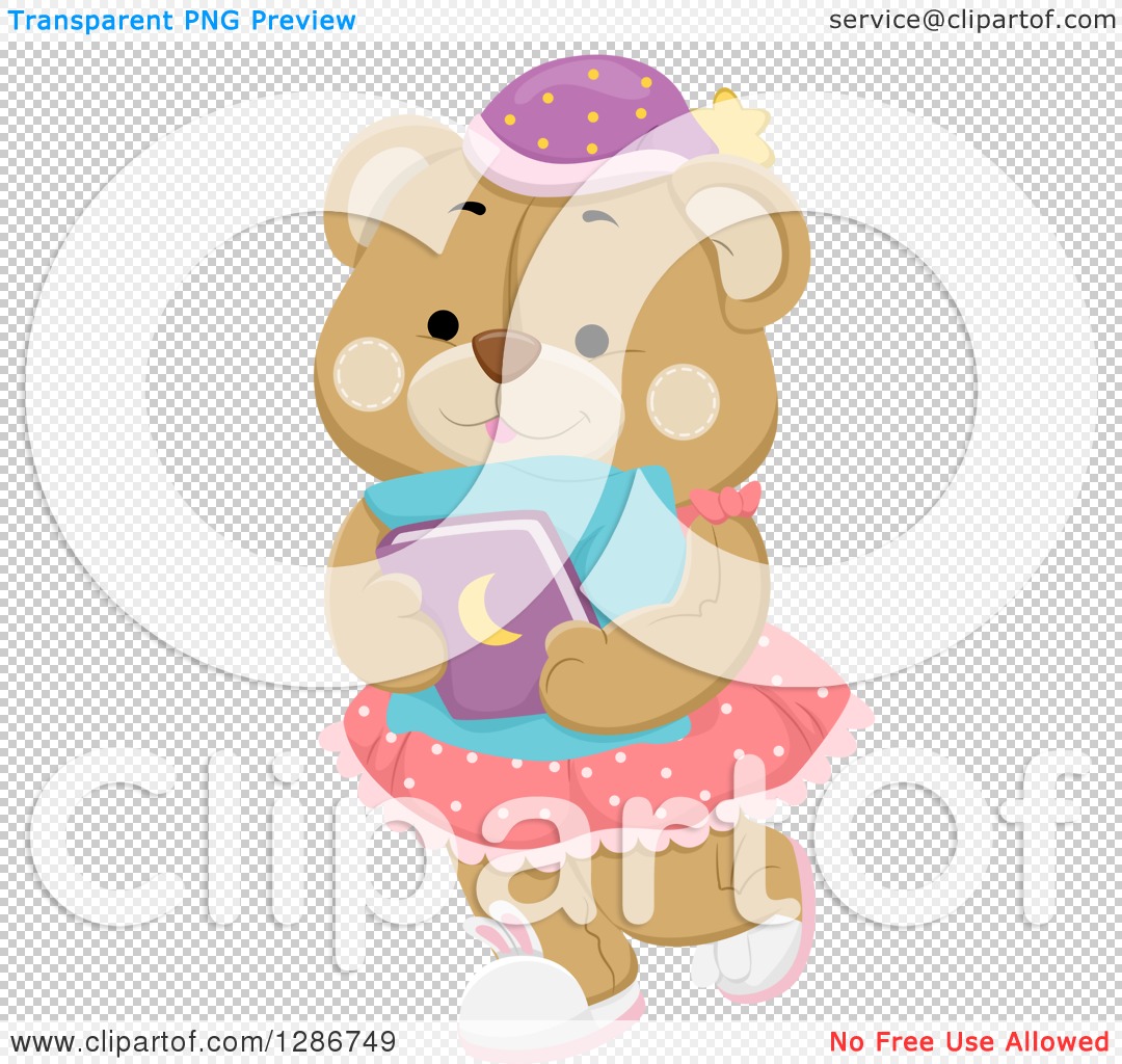 Cute cartoon teddy bear in pajamas and nightcap holding a bedtime storybook with moon design.