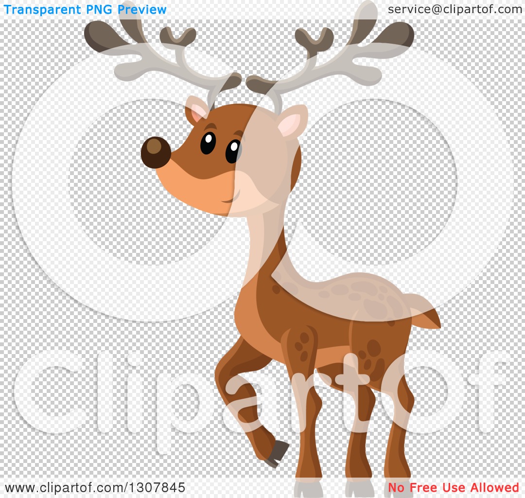 Cute cartoon reindeer with antlers and spotted coat on transparent background.