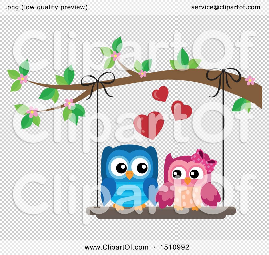 Two cartoon owls-a blue male and pink female-sit on a swing under a blossoming branch with floating hearts.