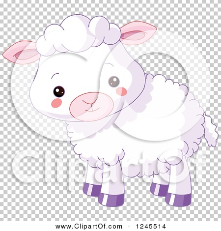 Cute cartoon lamb with fluffy white wool, pink ears, rosy cheeks, and purple hooves on transparent background.