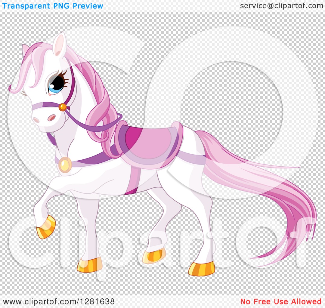 A cute white cartoon horse with pink mane and tail, wearing a purple bridle and saddle, standing on a transparent background.