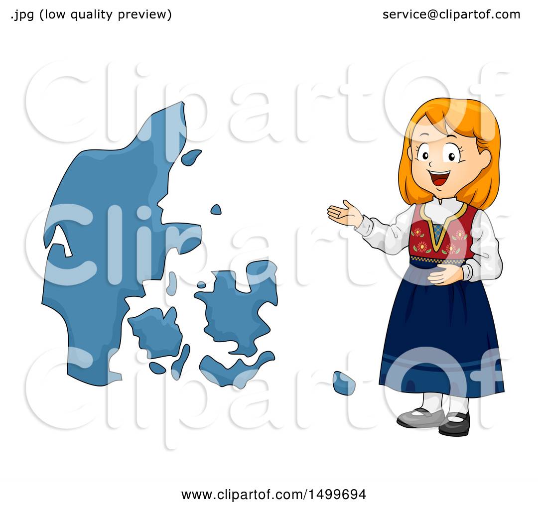 A smiling girl in traditional Norwegian folk costume gestures toward a blue map of Norway.