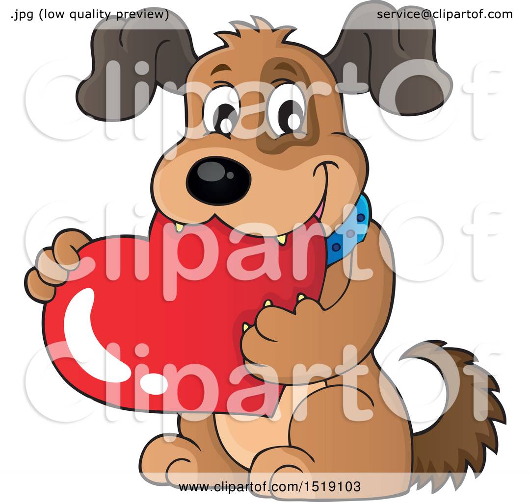 Cartoon brown dog with floppy ears holding a red heart, smiling warmly.
